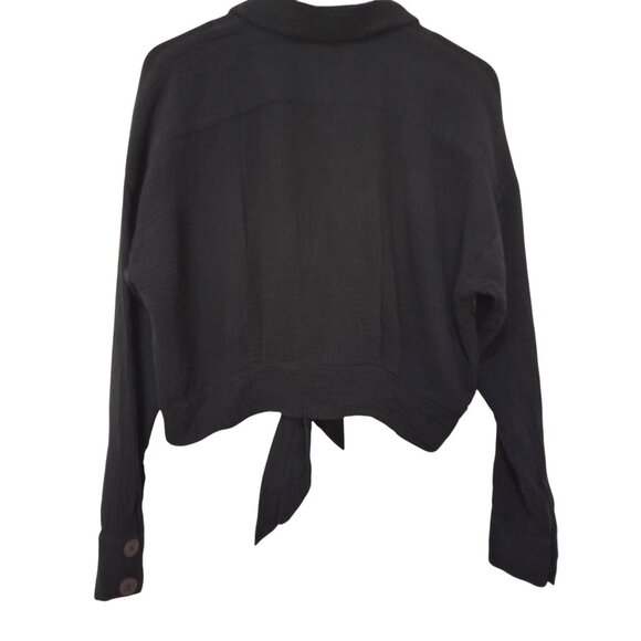 Free People Sunstreaks Tie Front Button-Down Top Womens S Black Gauze Cotton - Picture 3 of 6
